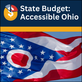 State Budget: Accessible Ohio. Coin split into a pie chart. Ohio flag